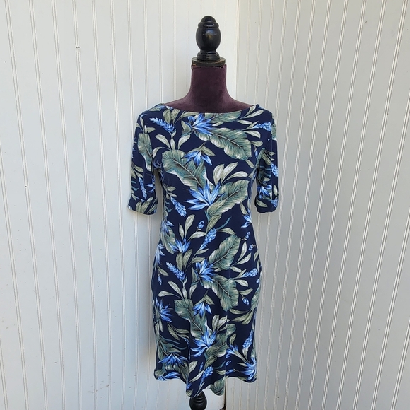 Karen Scott Sport Dress Navy Blue Green Women’s Floral Short Sleeve Petite PS - Picture 1 of 15